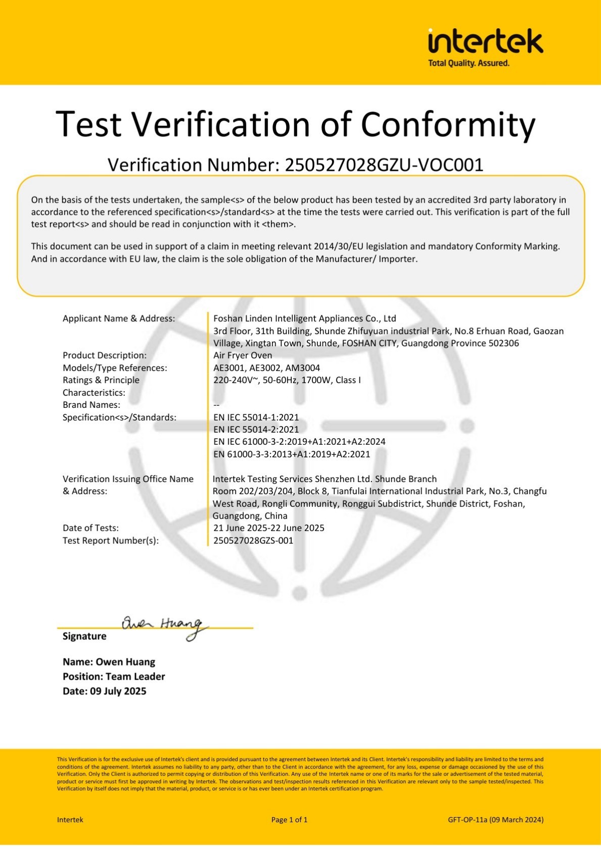 Test Verification of Conformity